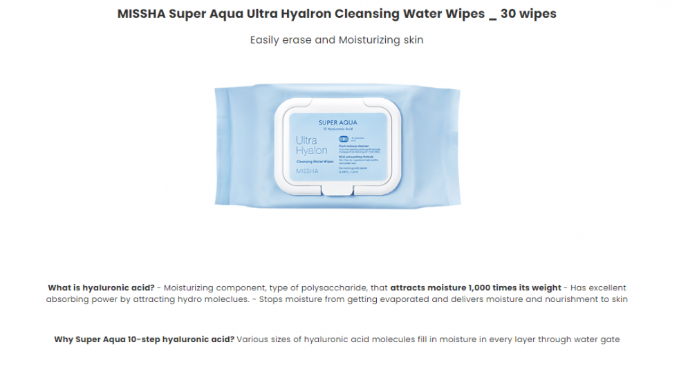 [Missha] Super Aaua Ultra Hyalron Cleansing Water Wipes 30pcs