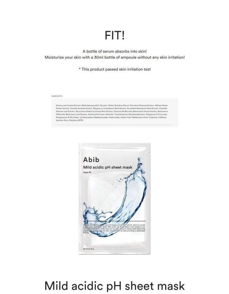 [Abib] Mild Acidic pH Sheet Mask Aqua Fit (1ea)